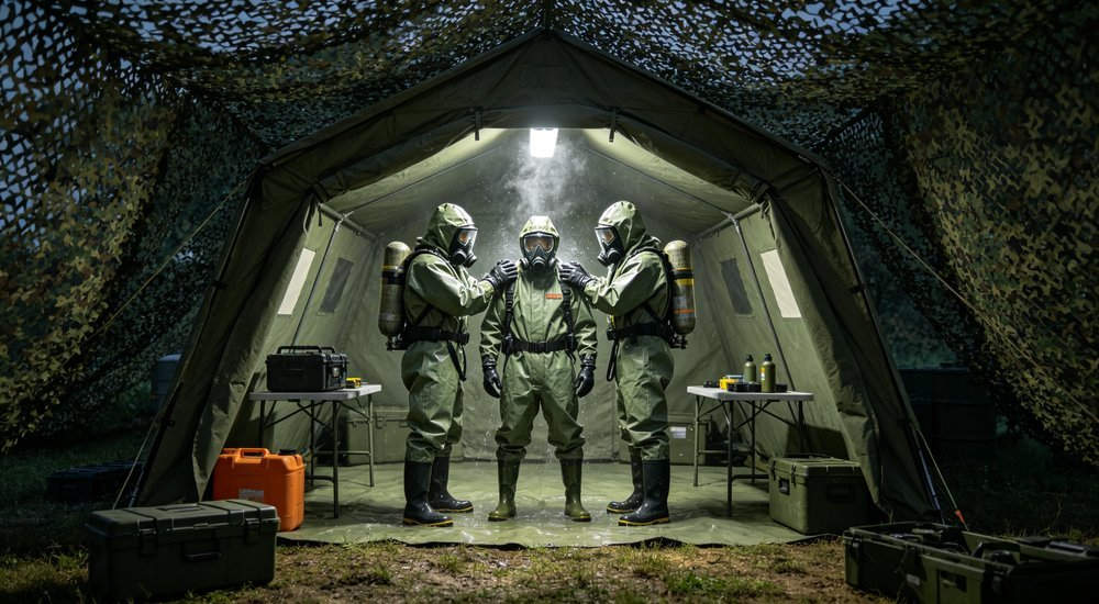 Wide angle shot of military decontamination tent in field operation with soldiers in chemical protective suits performing decon procedure under camouflage netting