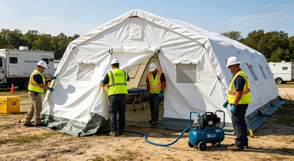 Action shot of medical team rapidly inflating white and blue emergency medical tent at field hospital site, electric air pump connected, workers in safety vests, disaster relief operation, professional action photography
