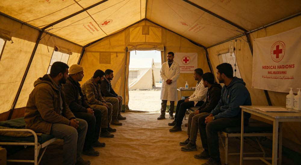 Well organized refugee camp with rows of emergency shelter tents providing dignified long term accommodation for displaced persons under international humanitarian protection standards