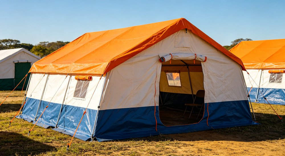 Professional emergency relief tent photographed in field deployment showing sturdy construction waterproof fabric and steel frame design suitable for disaster response and humanitarian aid operations