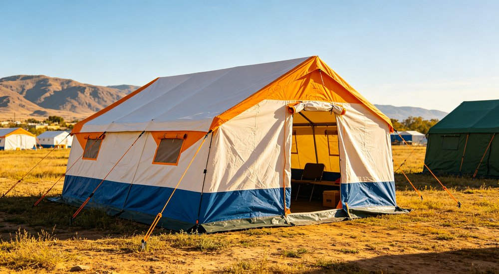 Humanitarian relief tent photographed at aid distribution camp providing reliable shelter with strong steel framework quality stitching and weather resistant fabric for disaster affected communities