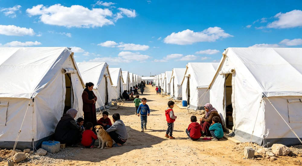 Large emergency shelter tent installed at disaster relief site providing weatherproof accommodation for affected populations with reinforced structure and quality materials visible