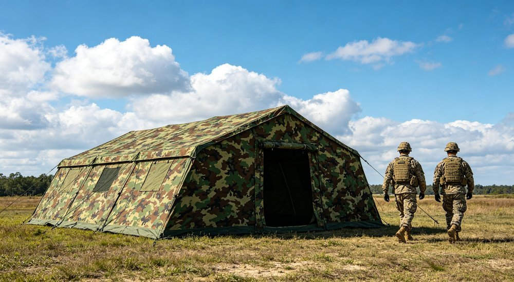 Wide angle view of professional military camouflage relief tent under bright blue sky with white clouds, soldiers walking nearby, woodland green brown camo pattern, high quality realistic outdoor photography
