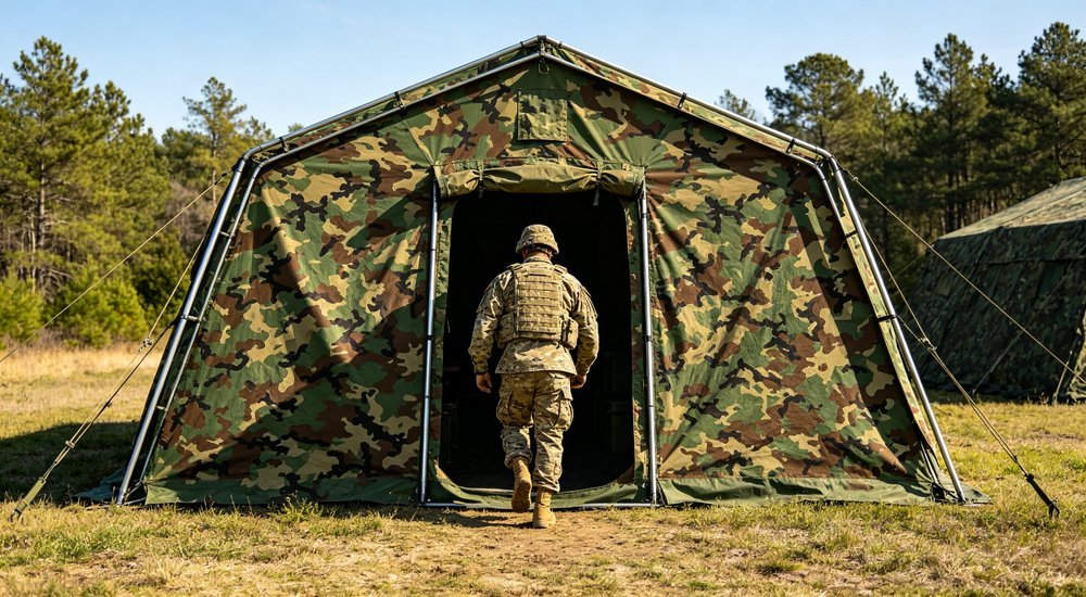 Front view of military camouflage tent with steel frame entrance, soldier in uniform entering, woodland digital camo pattern, bright daylight, realistic outdoor photography