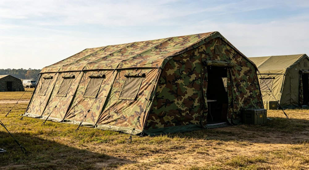 Military camouflage tent used for disaster relief humanitarian mission, aid workers and emergency supplies, sunny outdoor field, realistic documentary photography