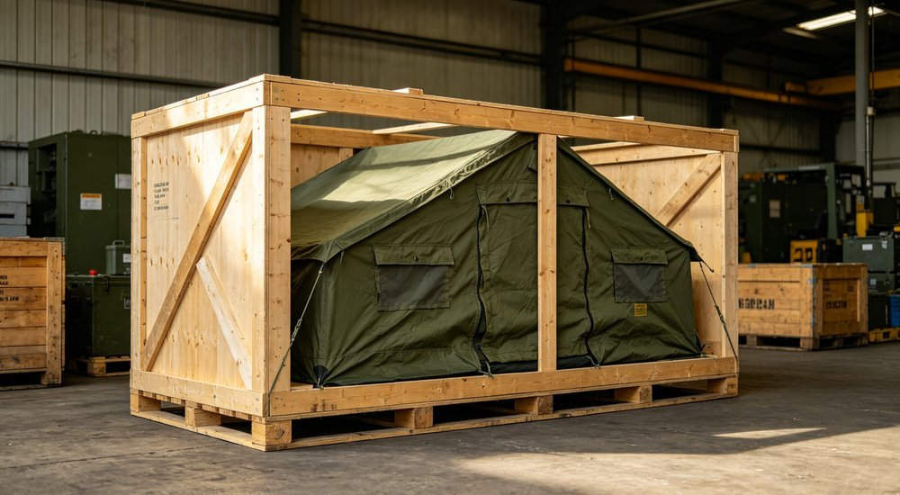 Military tent packed in wooden shipping crate in warehouse, export logistics packaging, industrial storage background, professional product photography professional high quality realistic photography with detailed composition and natural lighting conditions