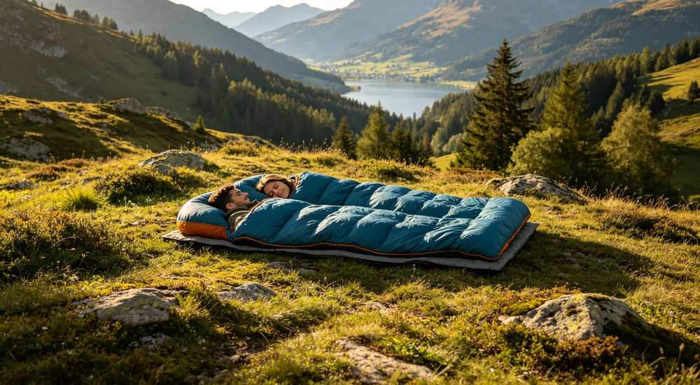 Two people resting inside large double sleeping bag on mountain meadow, panoramic mountain and lake landscape, outdoor camping leisure scene under golden sunlight