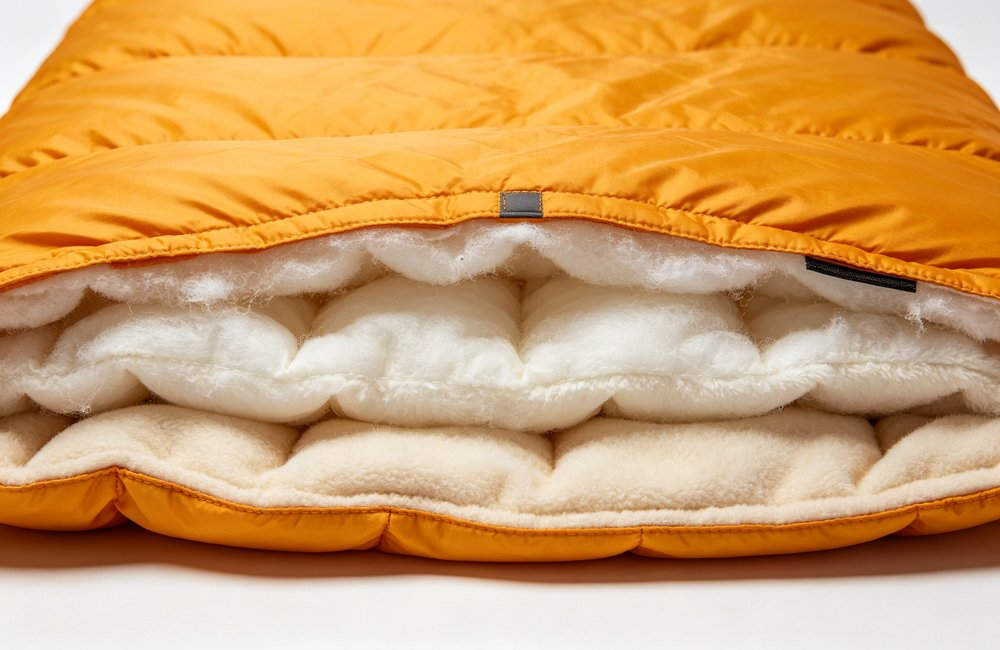 Close-up cross-section detail of sleeping bag fabric layers showing durable orange polyester outer shell, white insulation filling, and soft fleece lining, material construction demonstration, white background, no people