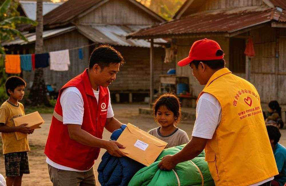 Wide angle view of emergency relief distribution in Southeast Asian village with Asian volunteers handing out envelope sleeping bags, rural community aid operation, outdoor setting, humanitarian support
