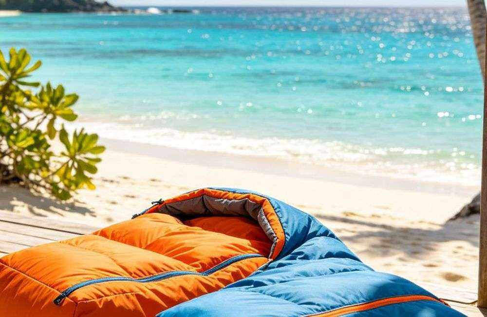 Wide angle view of premium green envelope sleeping bag showcased on wooden deck outdoor with natural forest background, high-end product display, soft natural lighting, merchandise photography, no people