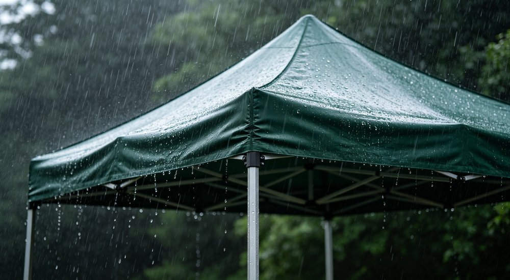 Heavy rain falling on steel frame relief tent, waterproof canvas fabric performance in rainy weather, realistic outdoor photography of shelter