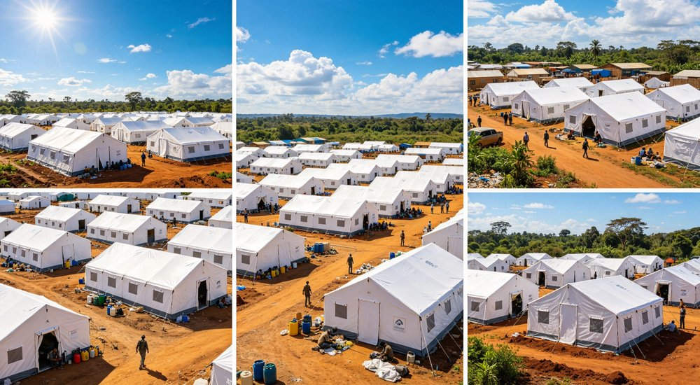 Closeup exterior detail showing reinforced corner seams heavy duty waterproof fabric texture and weatherproof construction of professional emergency relief shelter