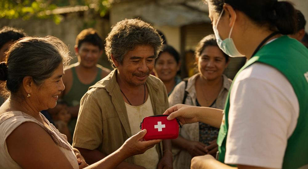 Documentary shot of green vest volunteer handing small red mini first aid pouch to elderly woman in outdoor community setting with warm sunlight