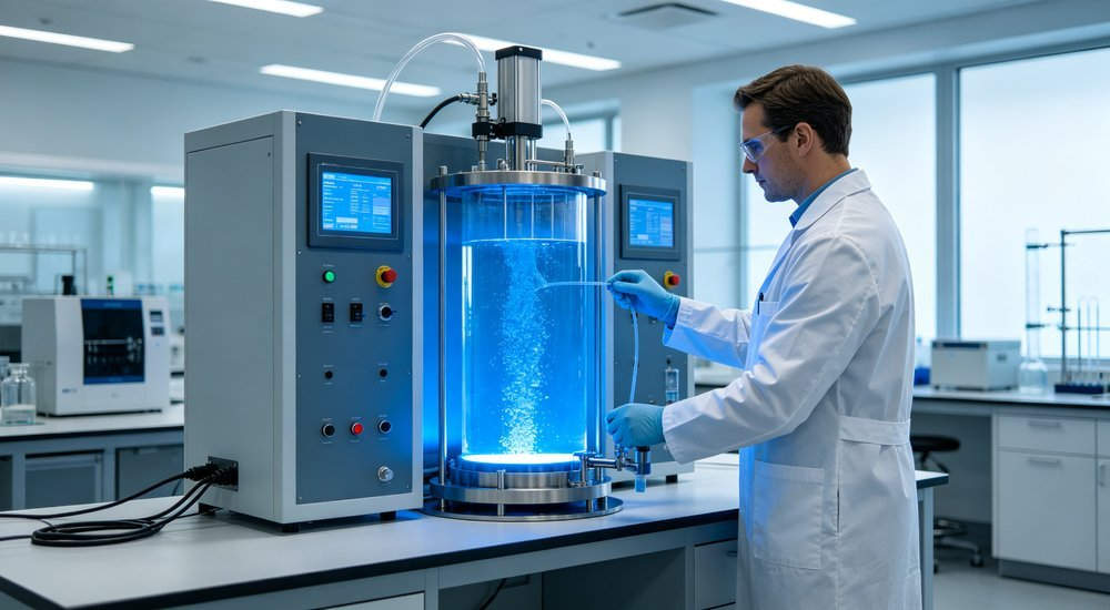 UV aging test chamber for textile fabrics with samples inside weathering tester under UV lamps, professional quality control laboratory equipment photography