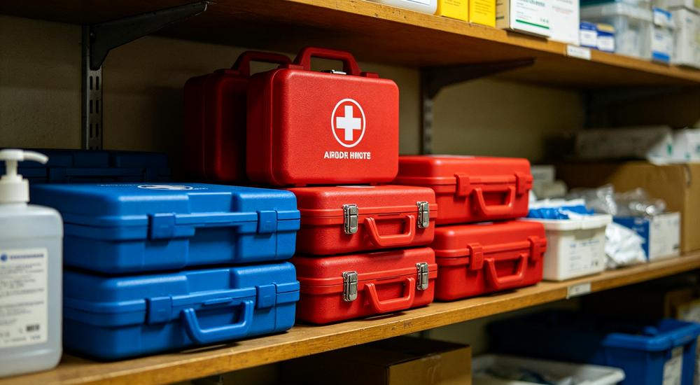 Storage room shot of red and blue first aid kits stacked on wooden shelves with hand sanitizer visible nearby