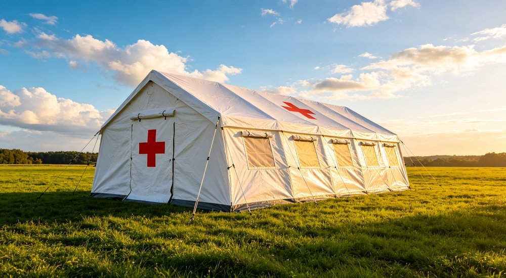 Stunning wide angle hero photo of large premium white emergency relief tent with red cross logo on green grass under blue sky with clouds, golden sunlight, professional commercial product photography