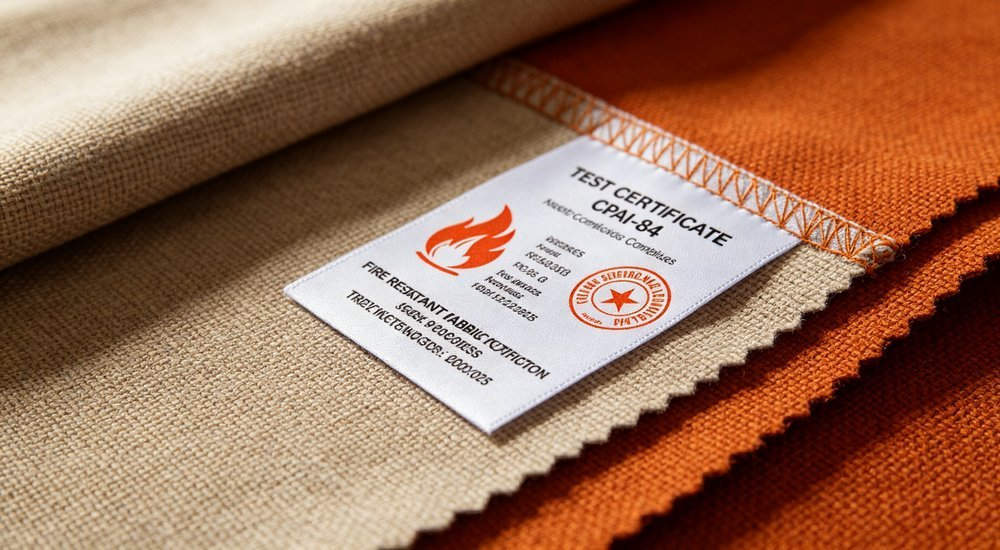 Fire retardant fabric test certificate CPAI-84 document displayed on professional desk, certification documentation for humanitarian relief tent fabric compliance, official quality assurance paperwork for emergency shelter procurement