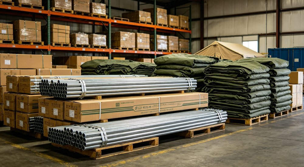 Humanitarian relief tent warehouse storage with organized inventory of emergency shelter units, professional logistics management for disaster response operations, industrial warehouse photography