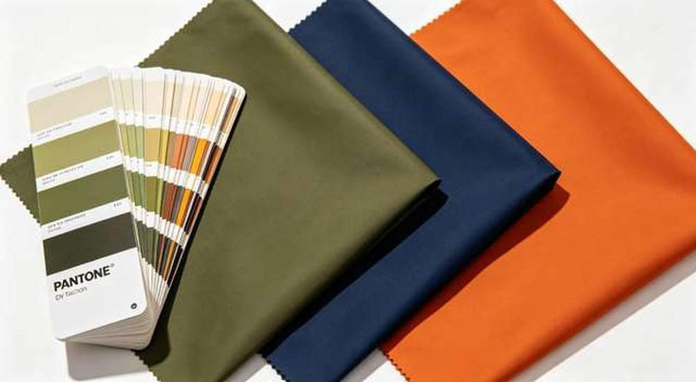 PANTONE color swatch book next to dyed tent fabric samples, professional OEM custom color matching service for emergency tent manufacturing