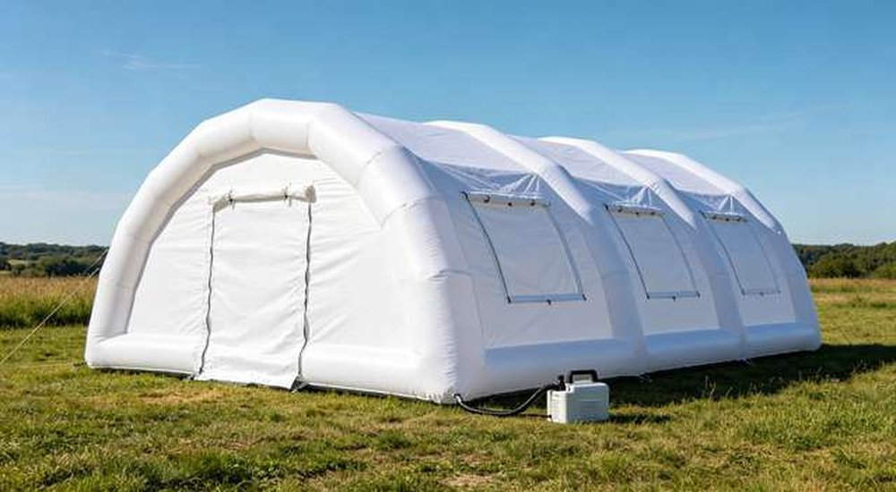 White inflatable emergency tent fully inflated outdoors with air pump, blue sky background, custom OEM rapid deployment system, professional product photography