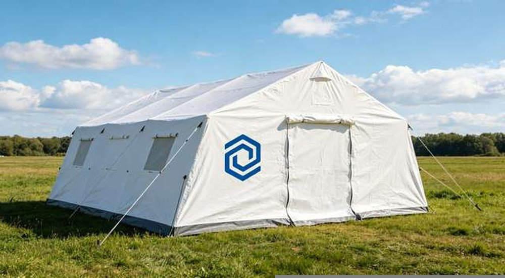 custom color options for emergency tents showing various fabric samples, professional product photography, blue sky background, designed for emergency response and disaster relief