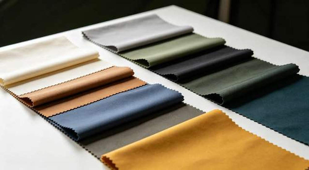 Comparison of different tent fabric types and colors on table, custom OEM material selection for emergency tent manufacturing, professional product photography