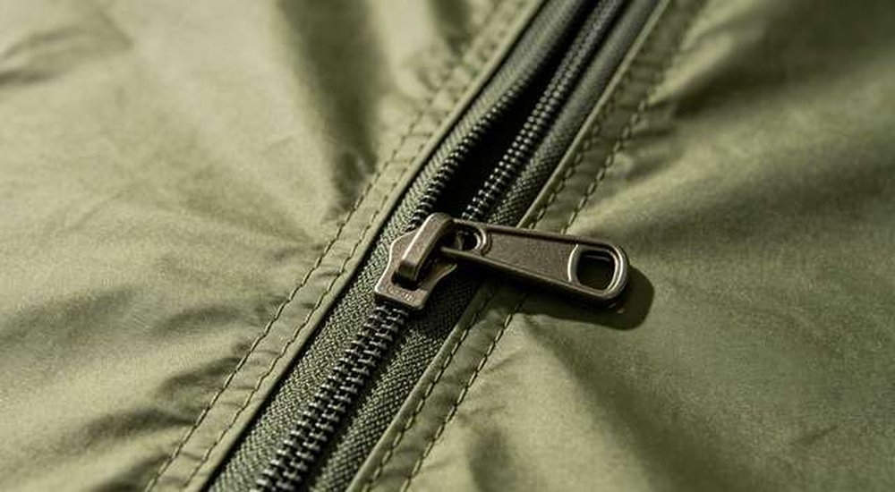 Close-up of heavy duty tent zipper and door fastening system, professional OEM quality components for emergency shelter construction, professional product photography