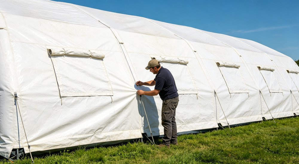 Inflatable tent lifespan comparison showing well maintained vs worn tent, side by side, green grass red and white inflatable emergency shelter for disaster relief operations