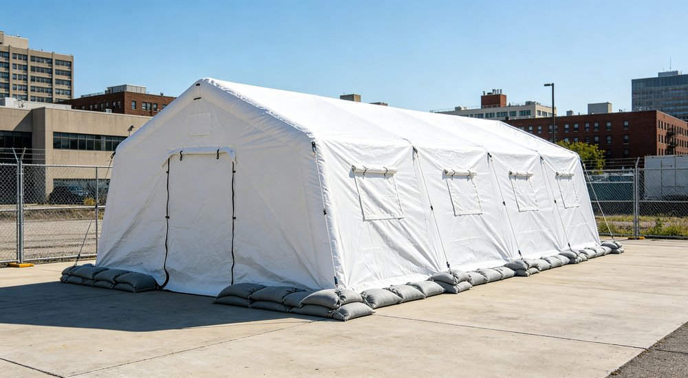 Inflatable medical tent on concrete surface with sandbag anchoring, alternative ground setup red and white inflatable emergency shelter for disaster relief operations