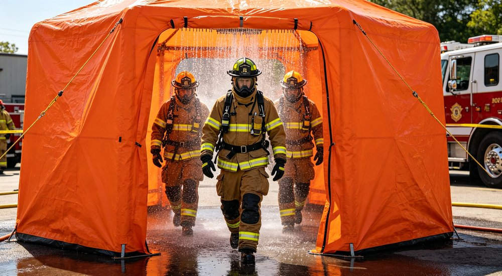 Fire drill exercise with inflatable decon tent, firefighters in protective gear, green grass red and white inflatable emergency shelter for disaster relief operations