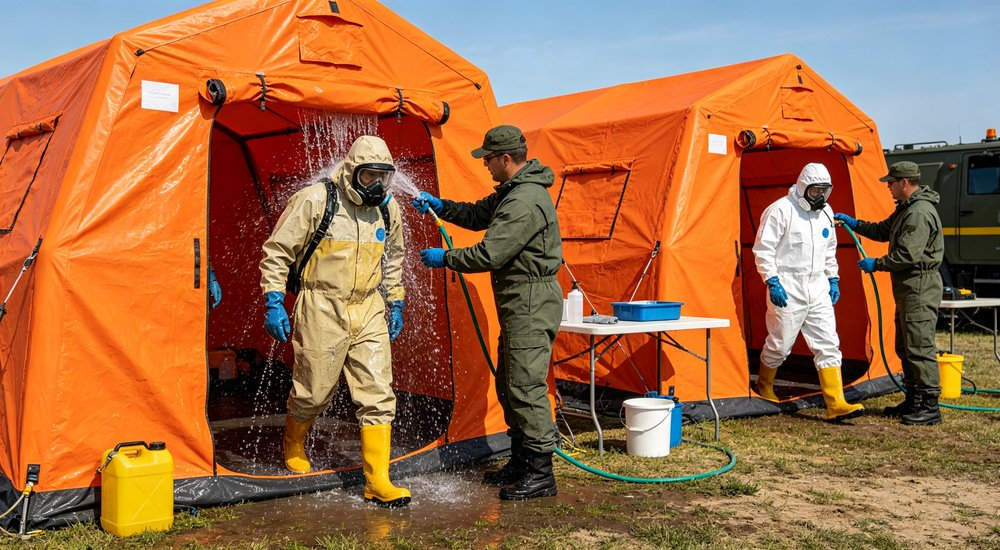 Decontamination workflow sequence showing entry shower exit process, workers in protective gear decontamination shower system for hazmat emergency response red and white inflatable emergency tent for disaster relief operations