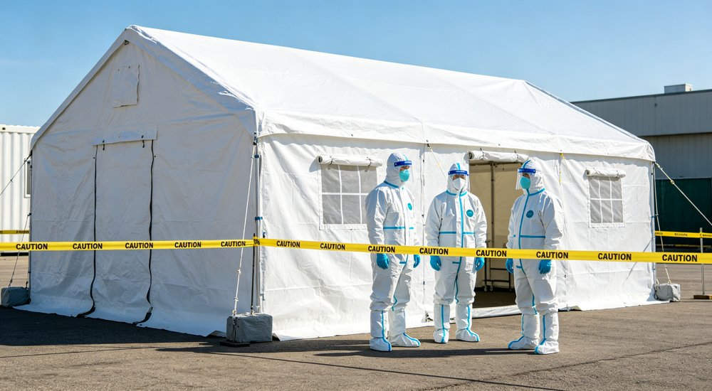 Pandemic response scene with inflatable isolation tents, medical workers in PPE, green grass, blue sky red and white inflatable emergency shelter for disaster relief operations