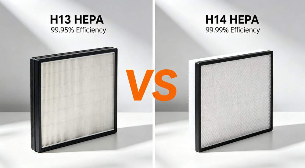 H13 vs H14 HEPA filter comparison showing filtration efficiency difference, product shot red and white inflatable emergency tent for disaster relief operations