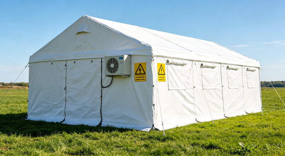 Exterior view of inflatable isolation tent in actual use showing deployment, FAQ illustration, green grass red and white inflatable emergency shelter for disaster relief operations