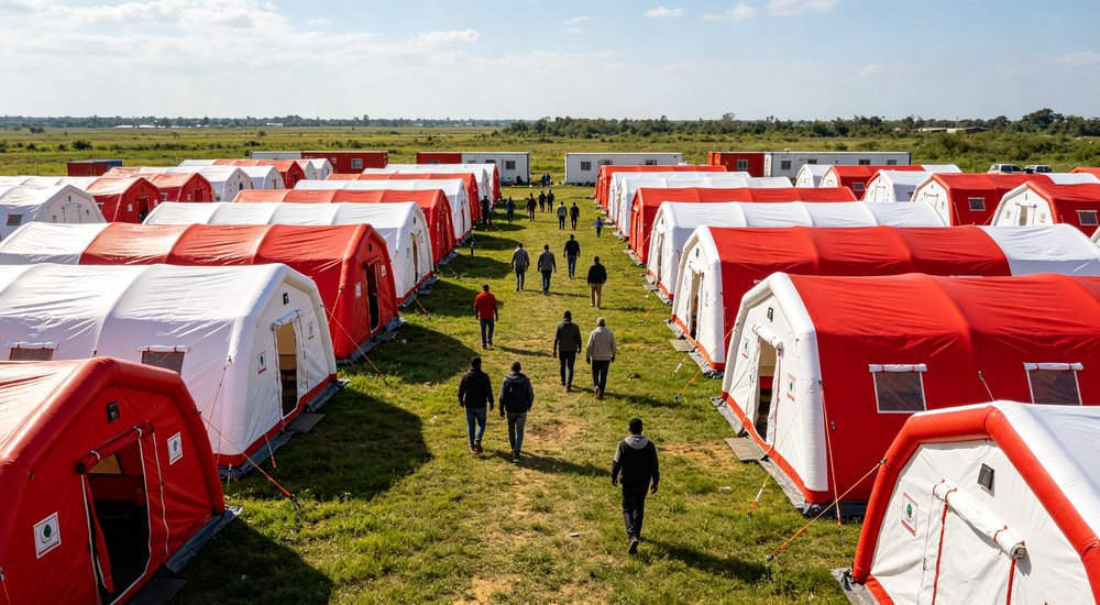 Humanitarian camp with modular inflatable tent system, families outside, green grass, blue sky red and white inflatable emergency shelter for disaster relief operations