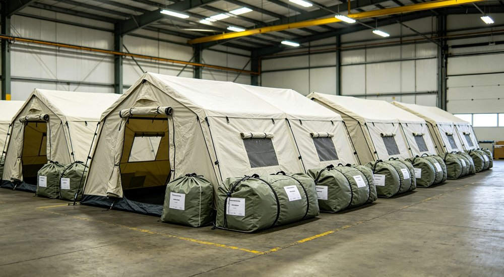Modular inflatable tent storage showing folded modules in warehouse, organized storage, bright lighting red and white inflatable emergency shelter for disaster relief operations