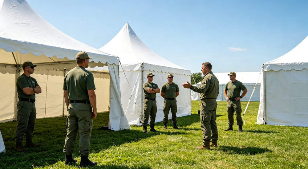 Training session for modular inflatable tent setup, workers learning assembly, green grass red and white inflatable emergency shelter for disaster relief operations