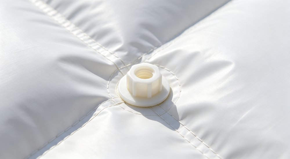 Independent inflation valve on each modular inflatable tent unit, close-up detail, bright lighting red and white inflatable emergency shelter for disaster relief operations
