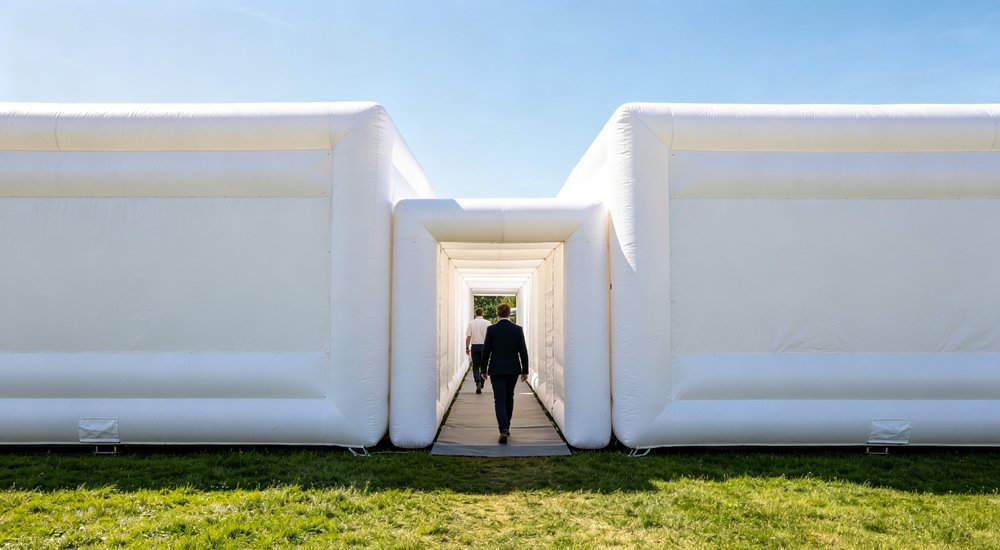 Close-up of module connection between two inflatable tent modules showing corridor interface, green grass red and white inflatable emergency shelter for disaster relief operations