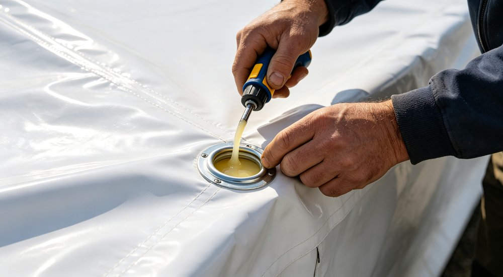 Connection maintenance of modular inflatable tent system, worker inspecting joints, bright lighting red and white inflatable emergency shelter for disaster relief operations