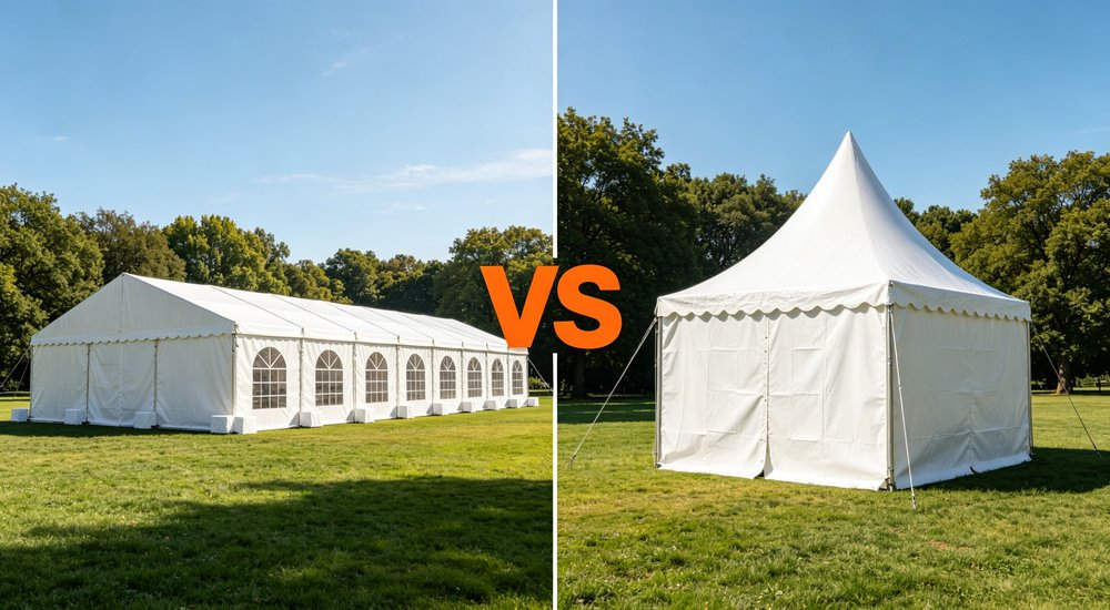 Modular shelter system vs standalone tent comparison showing difference, side by side, green grass red and white inflatable emergency shelter for disaster relief operations