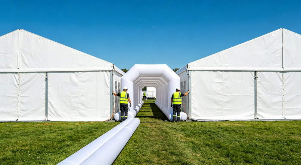 Expansion capability of modular inflatable tent system showing growth from 2 to 5 modules, FAQ illustration, green grass red and white inflatable emergency shelter for disaster relief operations