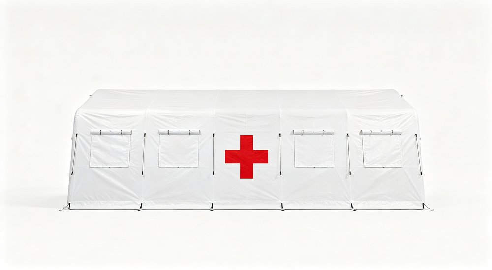 Front view of inflatable medical tent on white background, red and white, product photography red and white inflatable emergency shelter for disaster relief operations