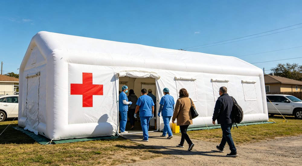 Community clinic setup with inflatable medical tent, healthcare workers, green grass, blue sky red and white inflatable emergency shelter for disaster relief operations