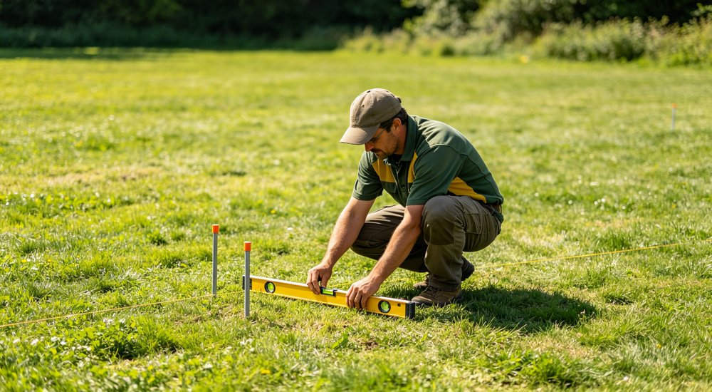 Site measurement for inflatable medical tent placement, worker measuring ground with tape, green grass red and white inflatable emergency shelter for disaster relief operations