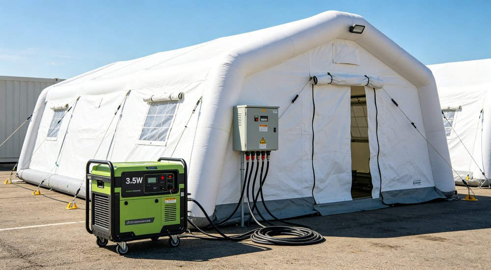 Power generator for inflatable medical tent, portable generator, product shot red and white inflatable emergency shelter for disaster relief operations