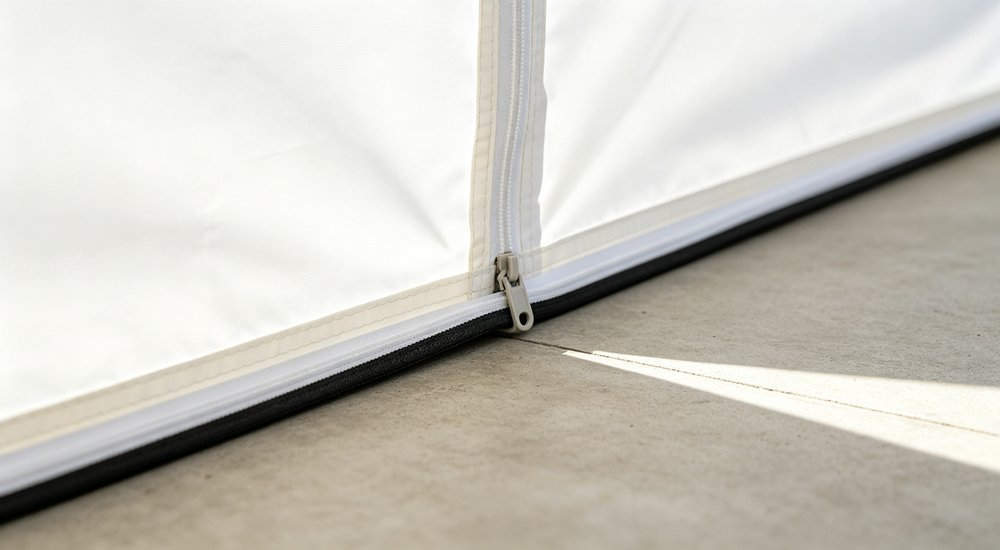 Floor edge detail of inflatable medical tent, reinforced border, close-up red and white inflatable emergency shelter for disaster relief operations