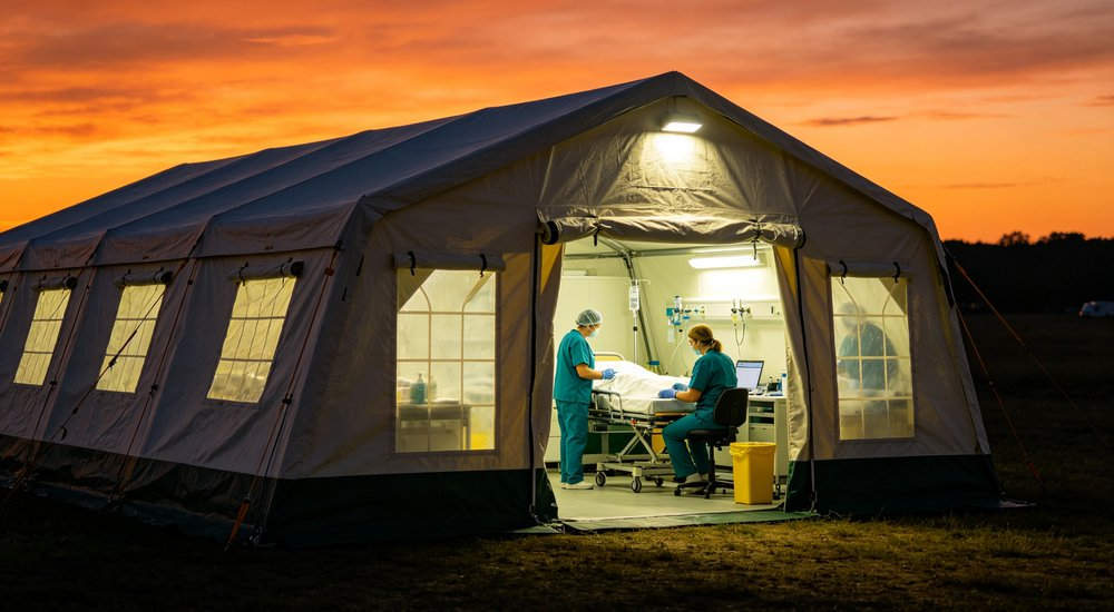 Night operation of inflatable medical tent with interior lighting, medical workers on duty red and white inflatable emergency shelter for disaster relief operations