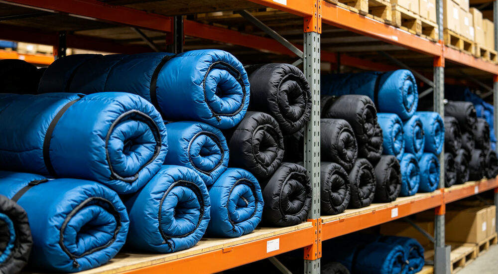 Stacks of rolled blue winter sleeping bags on warehouse shelves, ready for bulk NGO winter supplies orders