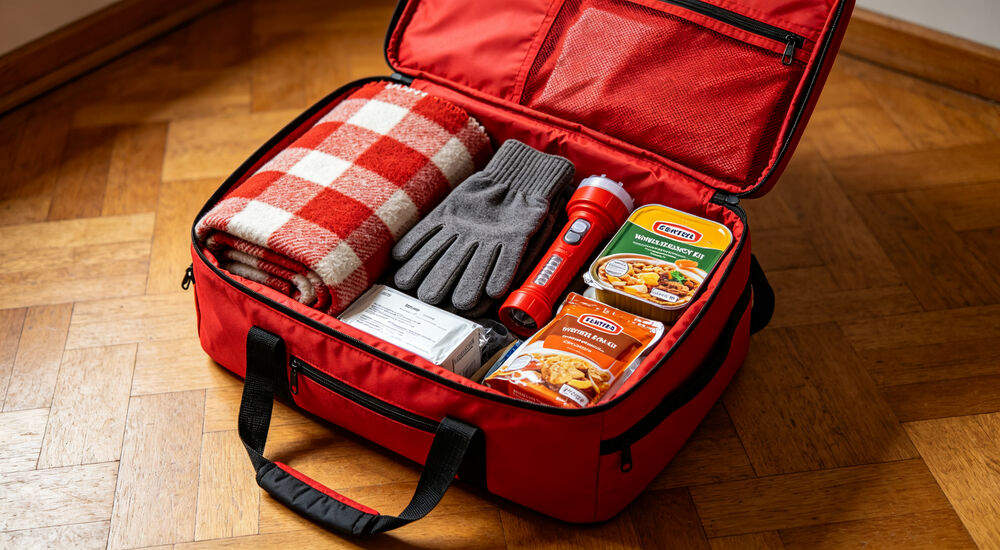 Family-sized red winter emergency kit bag open showing all supplies: blanket, gloves, flashlight, food